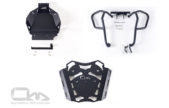 This skid plate and crash bars were designed to protect the Honda Africa Twin 1000 body and vital components around the engine in case of a fall or drop. Available at www.OutbackMotortek.com